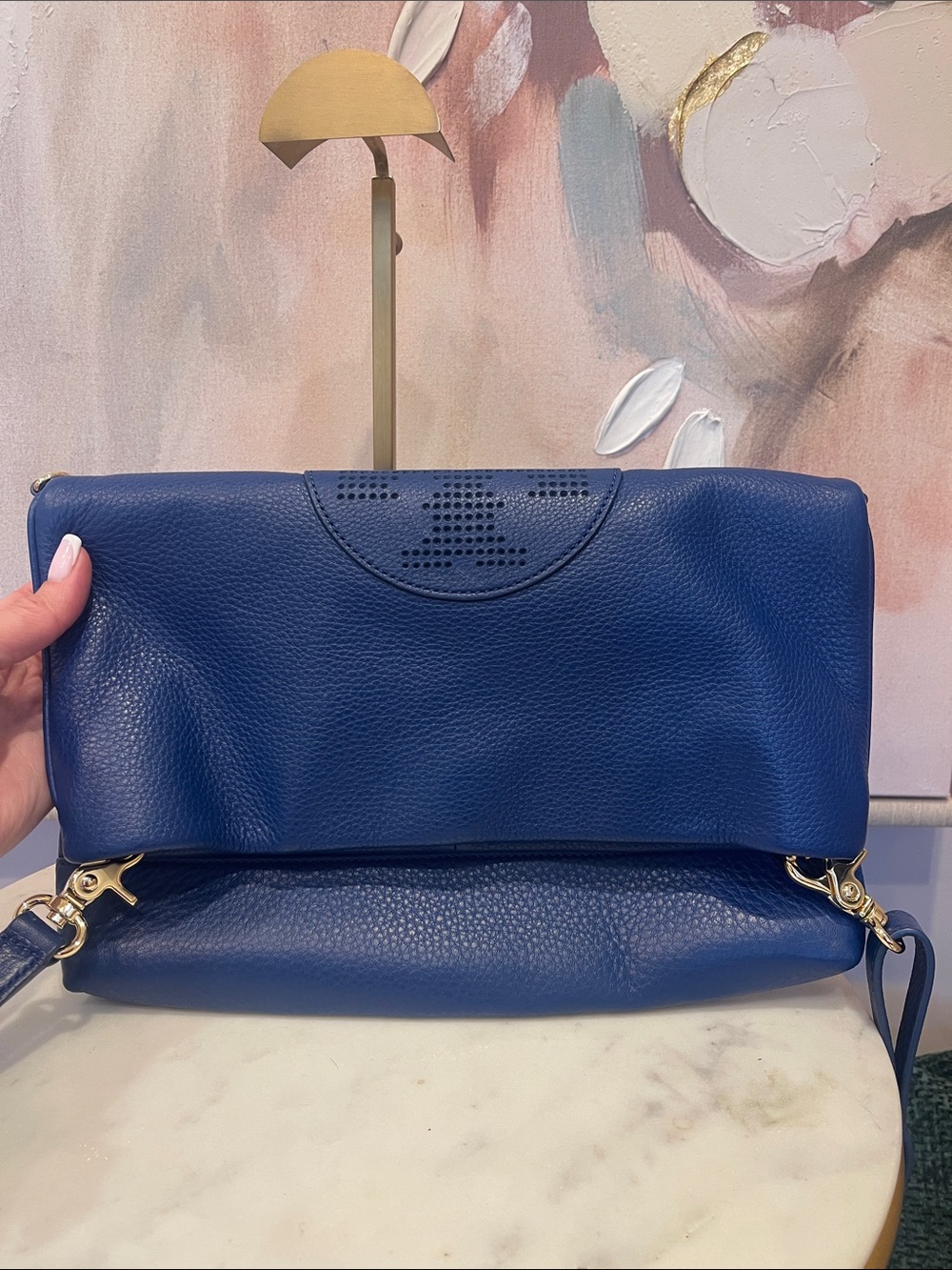 Tory Burch Blue Pebbled Leather Fold-Over Crossbody